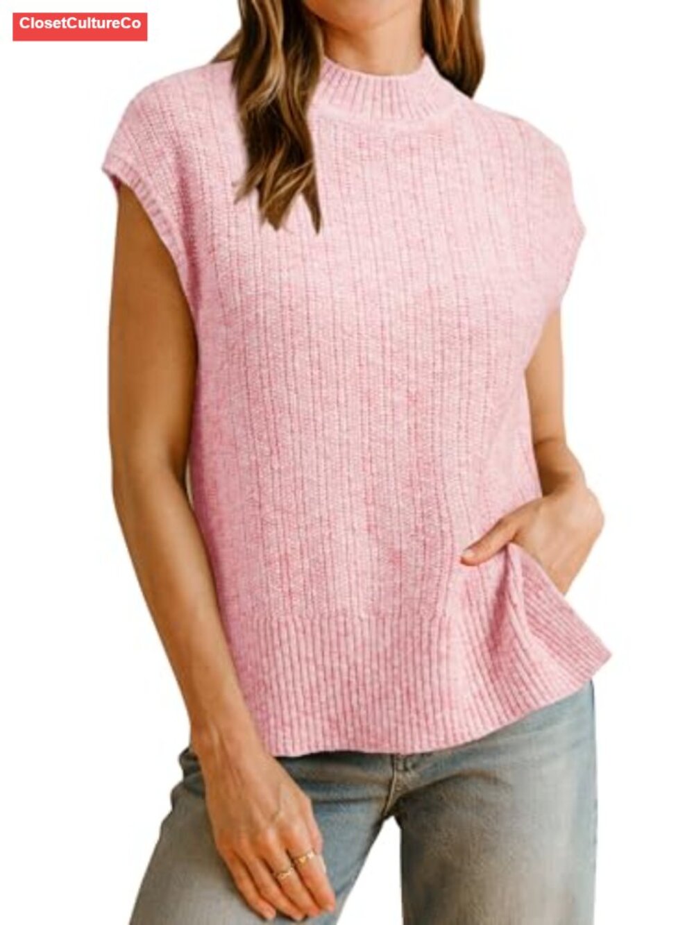 Cotton Blend Cap Sleeve Side Slit Sweater Vest Layering Casual Top